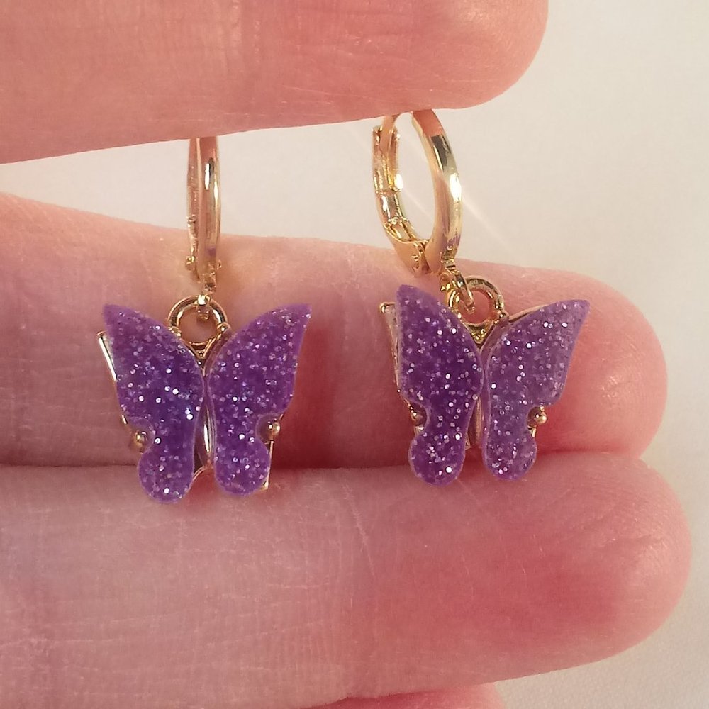 Gold Plated Mystic Purple Opal Resin Butterfly Dangle Earrings 12mm Party Gift